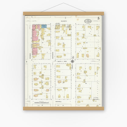 Old map wall art mockup — magnetic wood frame on white wall — Sanborn Fire Insurance Map from Elkhorn, Walworth County, Wisconsin (1911), Sheet #0005