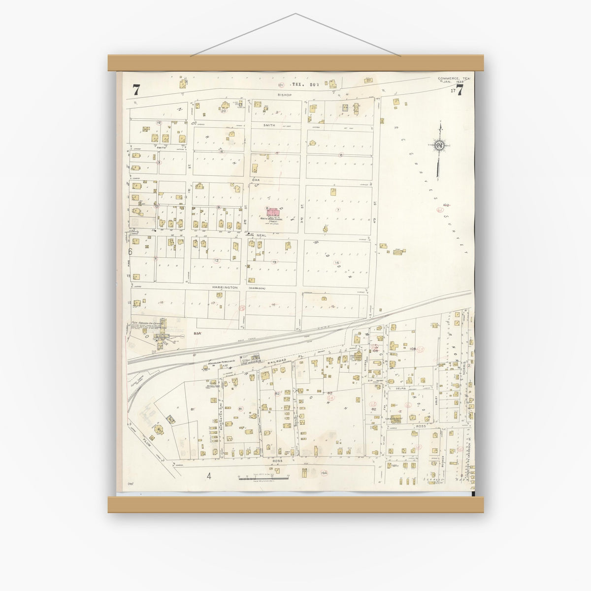 Old map wall art mockup — magnetic wood frame on white wall — Sanborn Fire Insurance Map from Commerce, Hunt County, Texas (1940), Sheet #0007