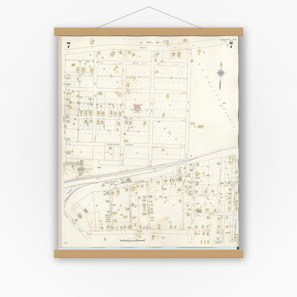 Old map wall art mockup — magnetic wood frame on white wall — Sanborn Fire Insurance Map from Commerce, Hunt County, Texas (1940), Sheet #0007