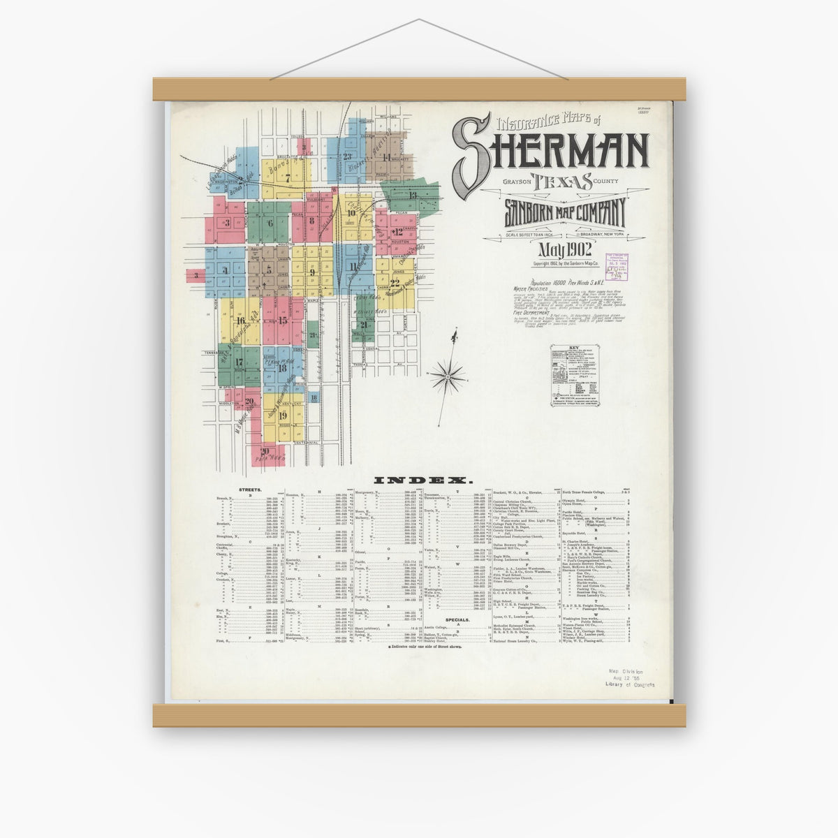 Old map wall art mockup — magnetic wood frame on white wall — Sanborn Fire Insurance Map from Sherman, Grayson County, Texas (1902) - Complete Map Set