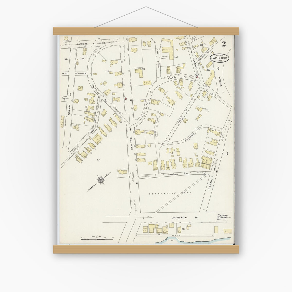 Old map wall art mockup — magnetic wood frame on white wall — Sanborn Fire Insurance Map from Oak Bluffs, Dukes County, Massachusetts (1914), Sheet #0002