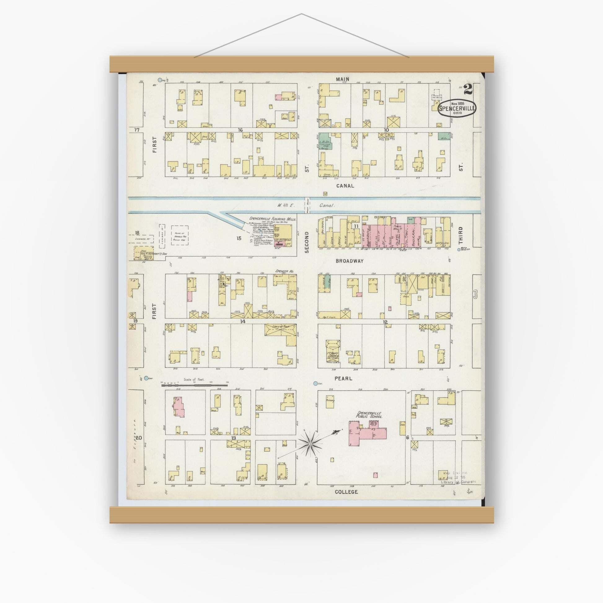 Old map wall art mockup — magnetic wood frame on white wall — Sanborn Fire Insurance Map from Spencerville, Allen County, Ohio (1895), Sheet #0002