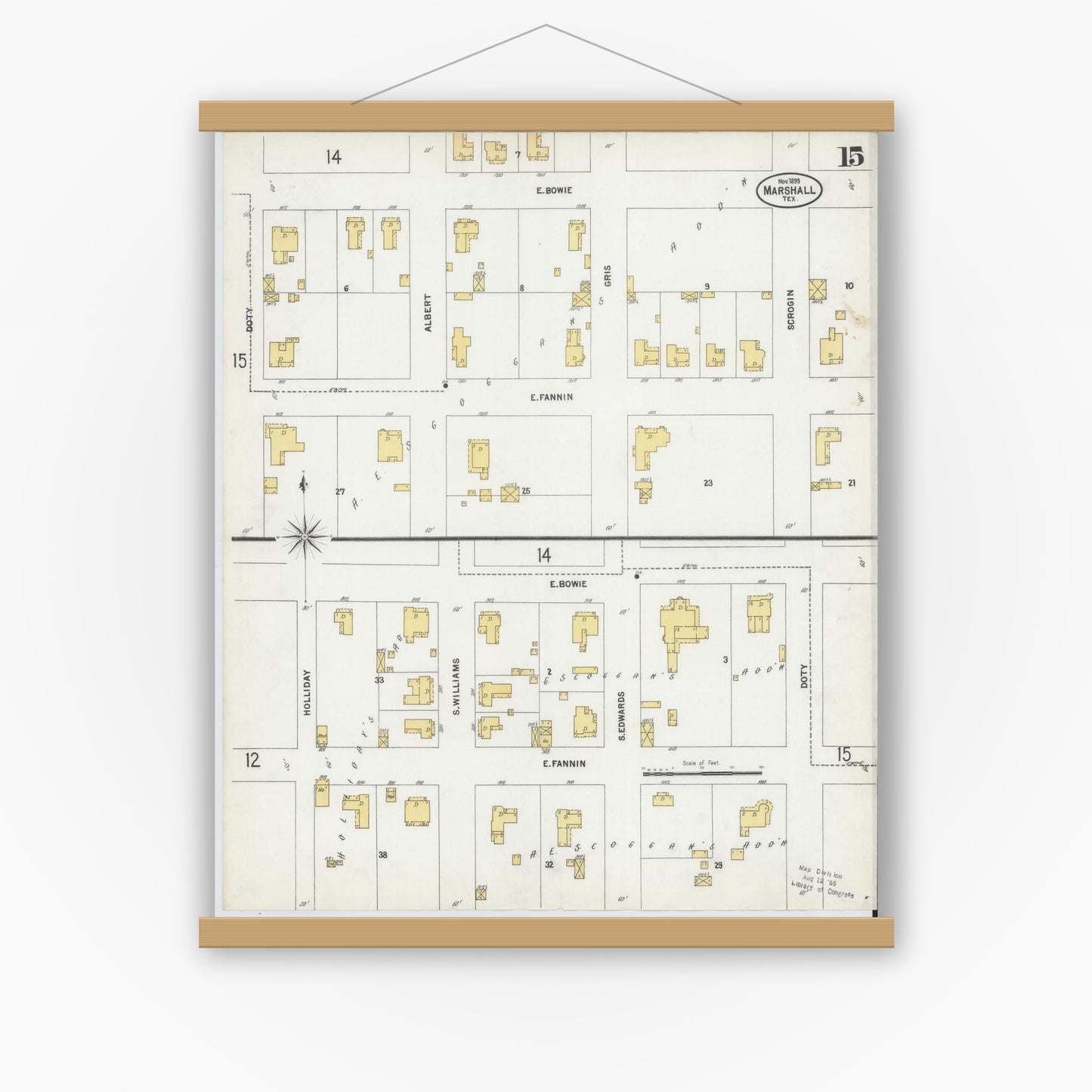 Old map wall art mockup — magnetic wood frame on white wall — Sanborn Fire Insurance Map from Marshall, Harrison County, Texas (1899), Sheet #0015
