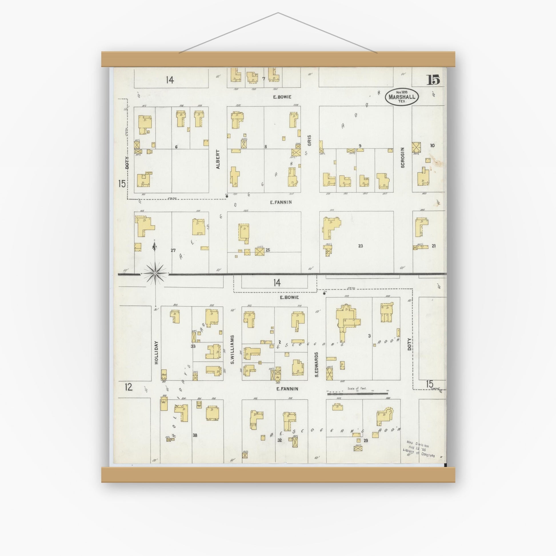 Old map wall art mockup — magnetic wood frame on white wall — Sanborn Fire Insurance Map from Marshall, Harrison County, Texas (1899), Sheet #0015