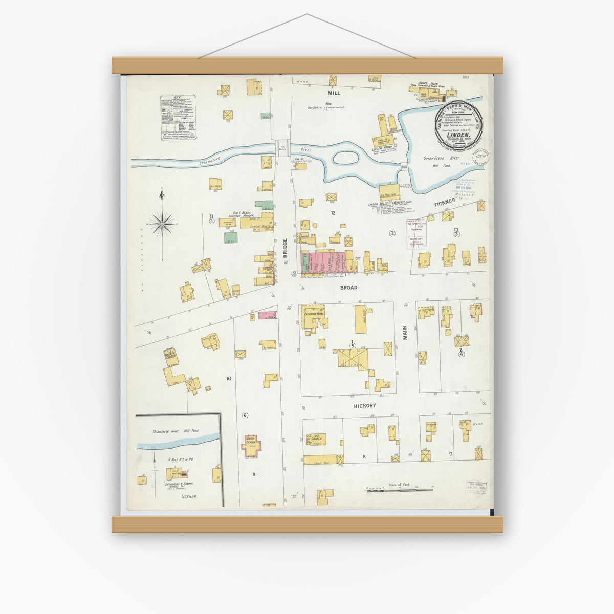 Old map wall art mockup — magnetic wood frame on white wall — Sanborn Fire Insurance Map from Linden, Genesee County, Michigan (1900), Sheet #0001