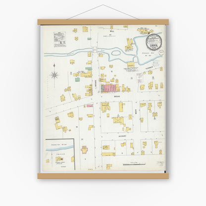 Old map wall art mockup — magnetic wood frame on white wall — Sanborn Fire Insurance Map from Linden, Genesee County, Michigan (1900), Sheet #0001