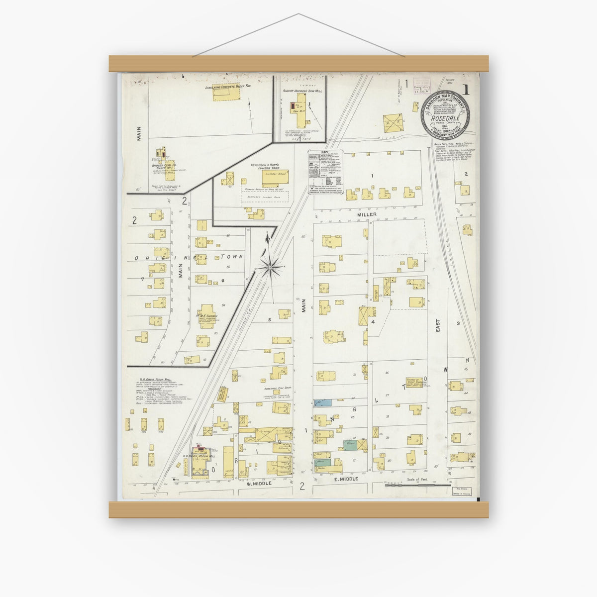 Old map wall art mockup — magnetic wood frame on white wall — Sanborn Fire Insurance Map from Rosedale, Parke County, Indiana (1907) - Complete Map Set