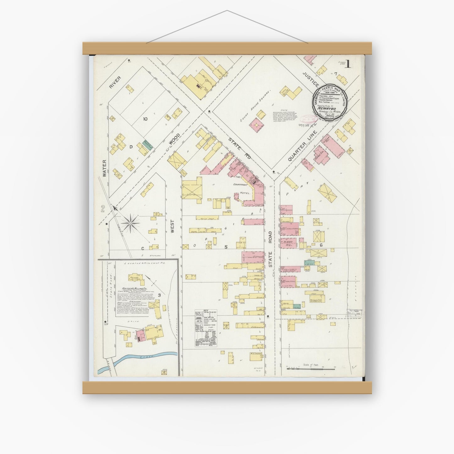 Old map wall art mockup — magnetic wood frame on white wall — Sanborn Fire Insurance Map from Newaygo, Newaygo County, Michigan (1892) - Complete Map Set