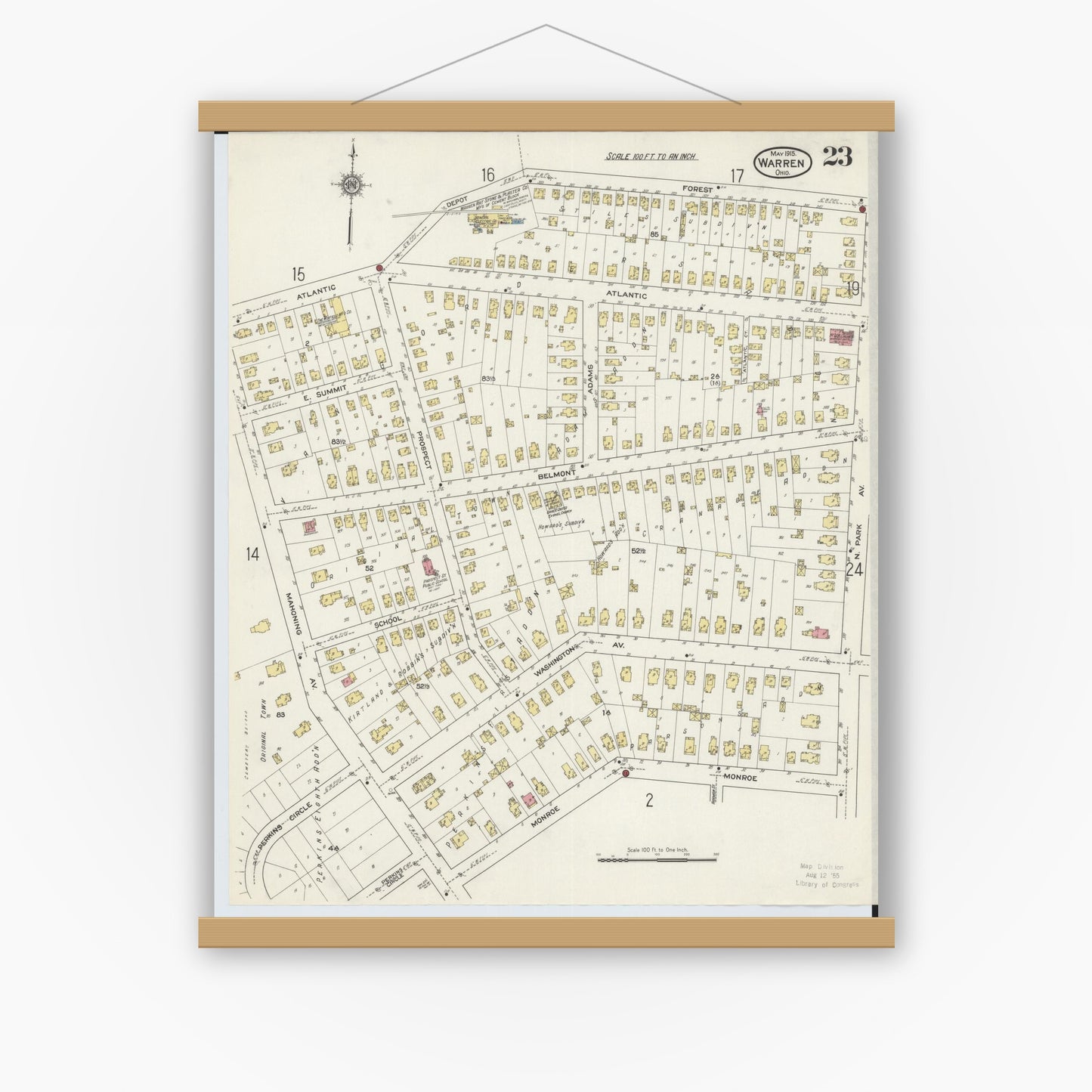 Old map wall art mockup — magnetic wood frame on white wall — Sanborn Fire Insurance Map from Warren, Trumbull County, Ohio (1915), Sheet #0023
