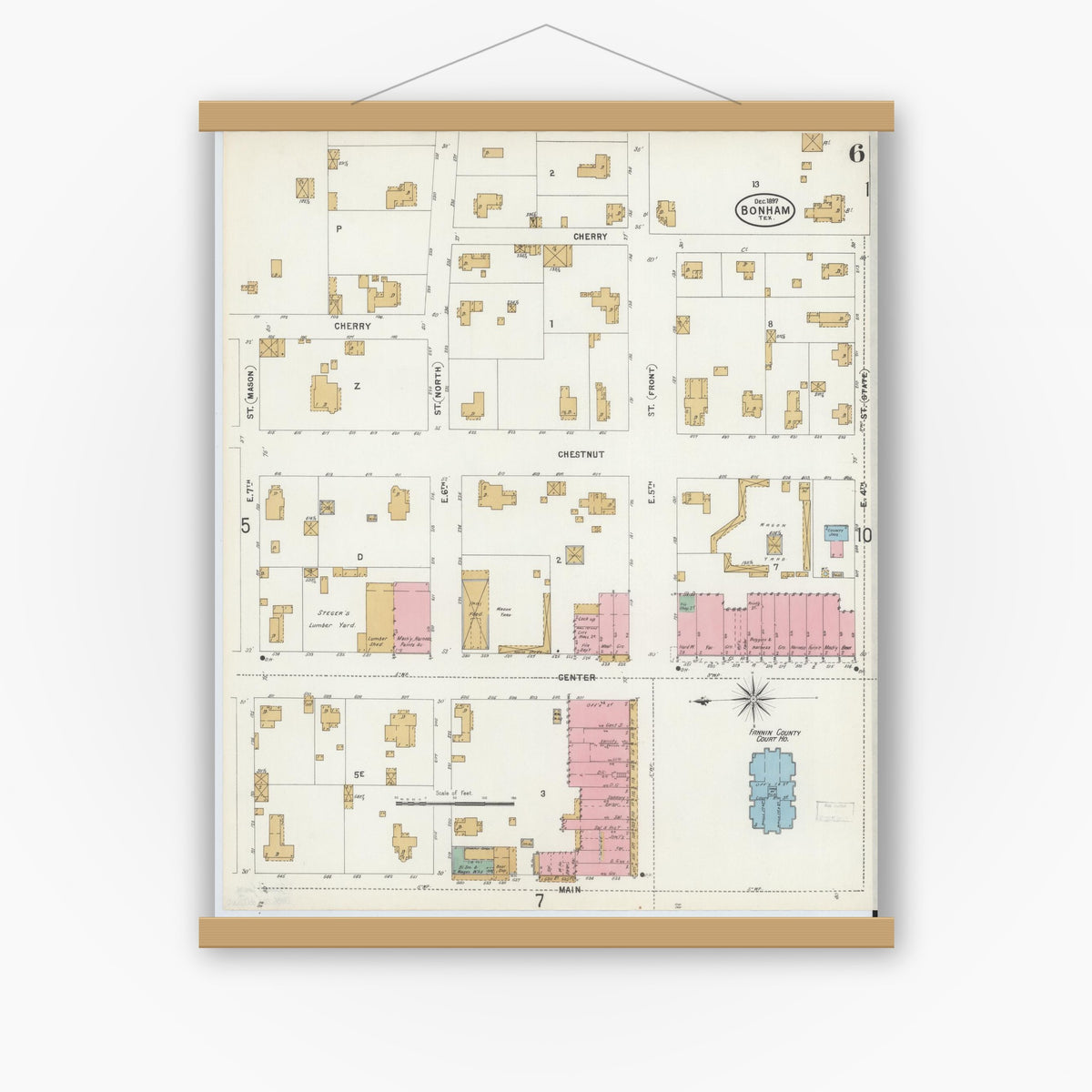 Old map wall art mockup — magnetic wood frame on white wall — Sanborn Fire Insurance Map from Bonham, Fannin County, Texas (1897), Sheet #0006