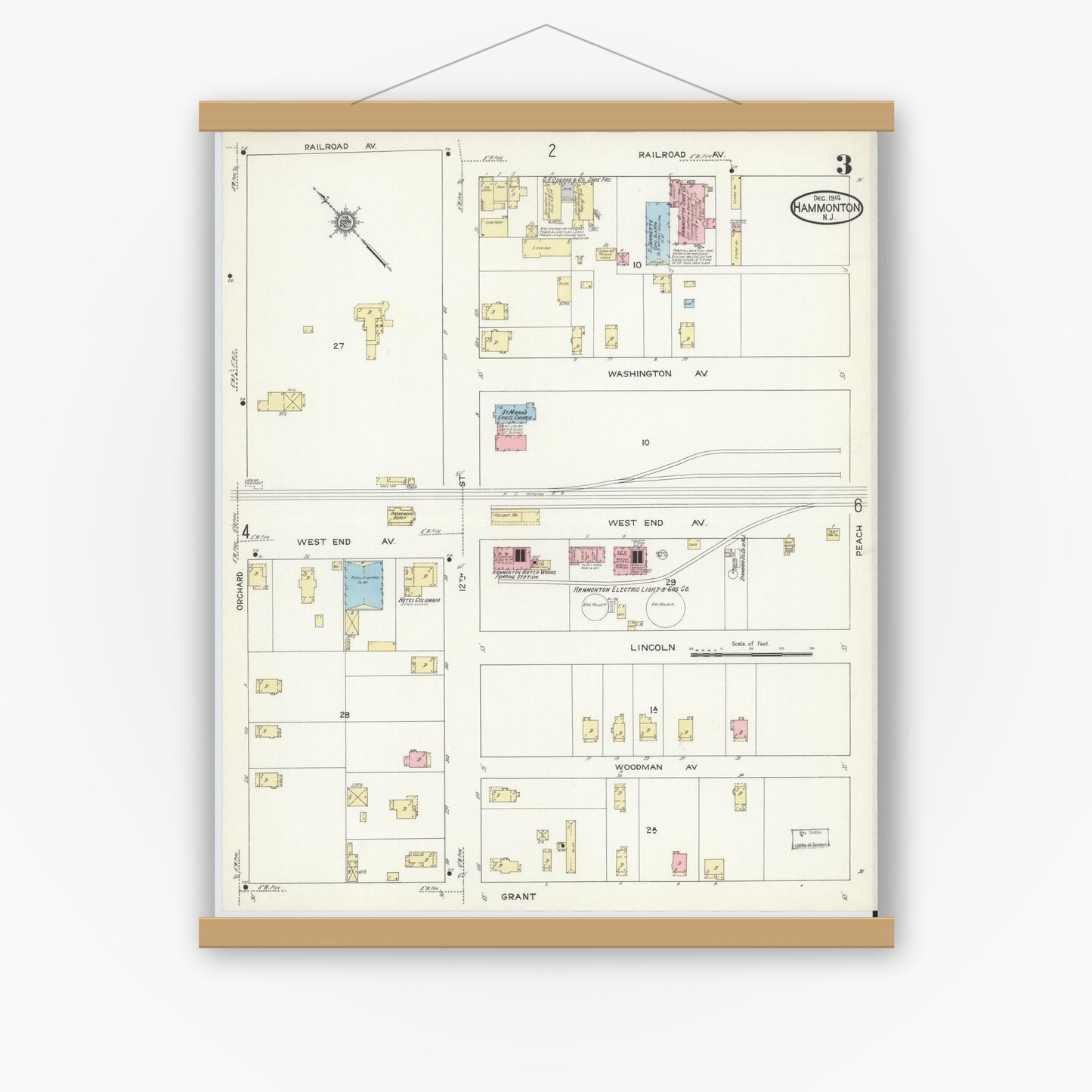 Old map wall art mockup — magnetic wood frame on white wall — Sanborn Fire Insurance Map from Hammonton, Atlantic County, New Jersey (1914), Sheet #0003