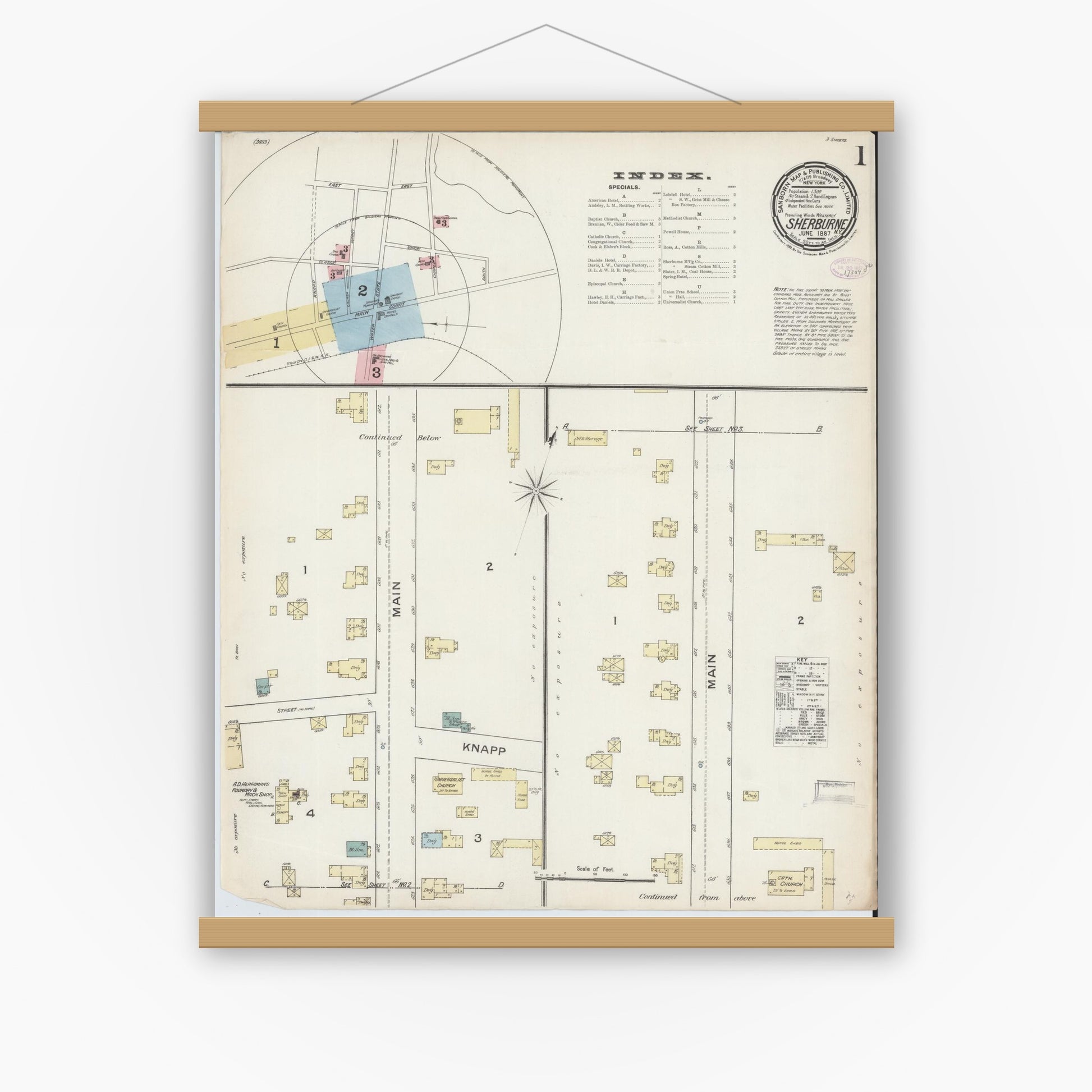 Old map wall art mockup — magnetic wood frame on white wall — Sanborn Fire Insurance Map from Sherburne, Chenango County, New York (1887), Sheet #0001
