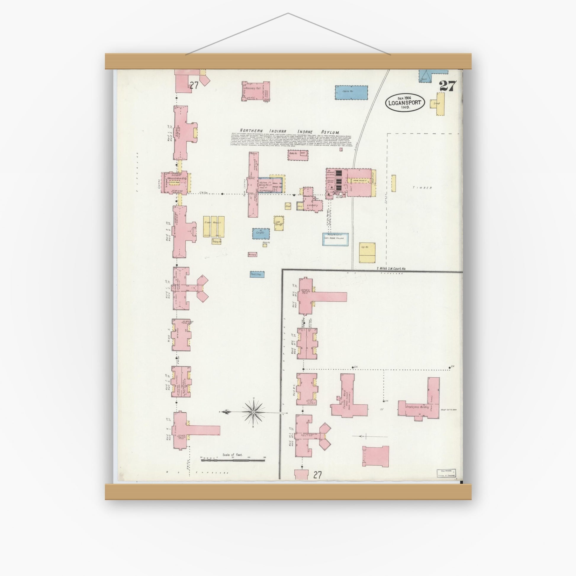 Old map wall art mockup — magnetic wood frame on white wall — Sanborn Fire Insurance Map from Logansport, Cass County, Indiana (1906), Sheet #0027