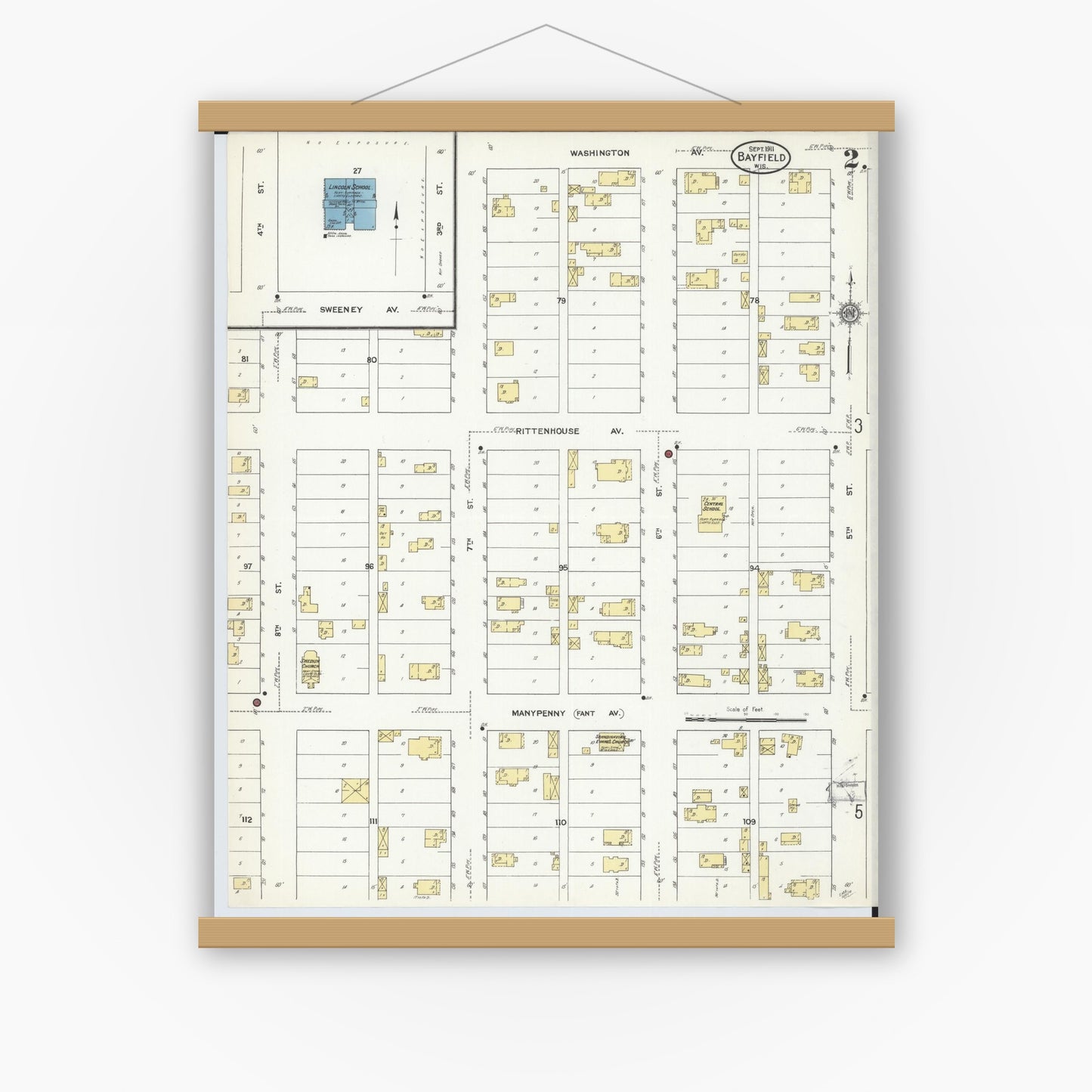 Old map wall art mockup — magnetic wood frame on white wall — Sanborn Fire Insurance Map from Bayfield, Bayfield County, Wisconsin (1911) - Complete Map Set