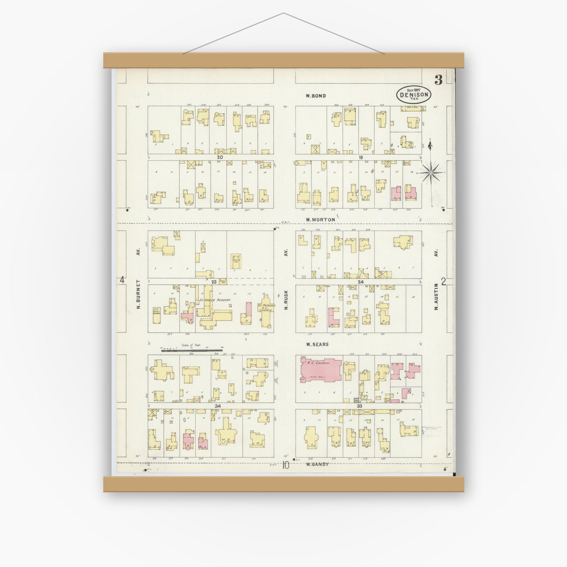 Old map wall art mockup — magnetic wood frame on white wall — Sanborn Fire Insurance Map from Denison, Grayson County, Texas (1897), Sheet #0003