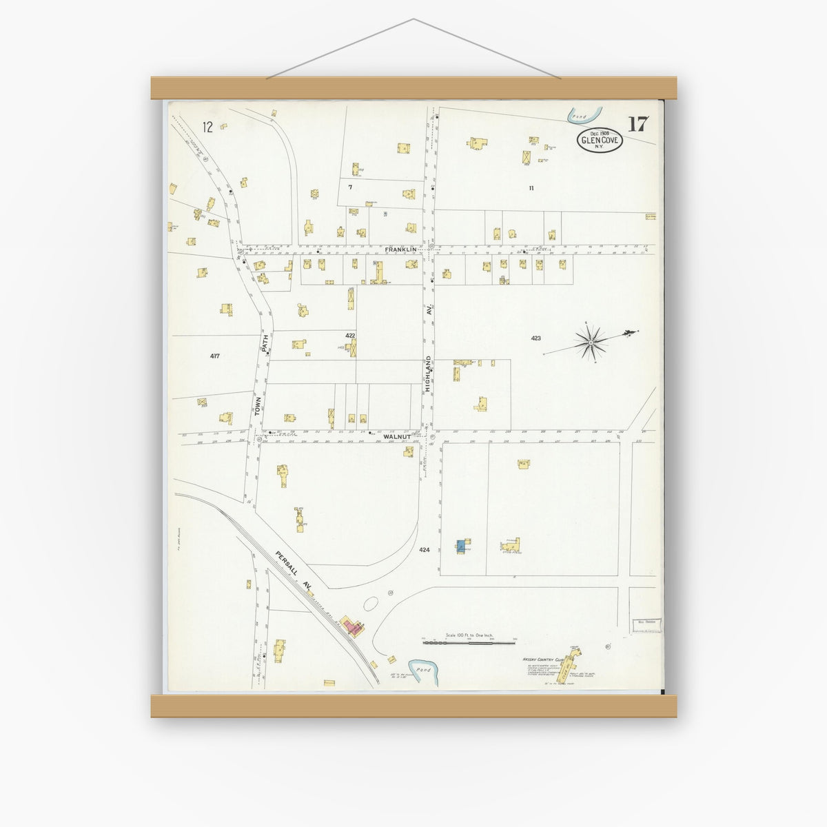 Old map wall art mockup — magnetic wood frame on white wall — Sanborn Fire Insurance Map from Glen Cove, Nassau County, New York (1908), Sheet #0017