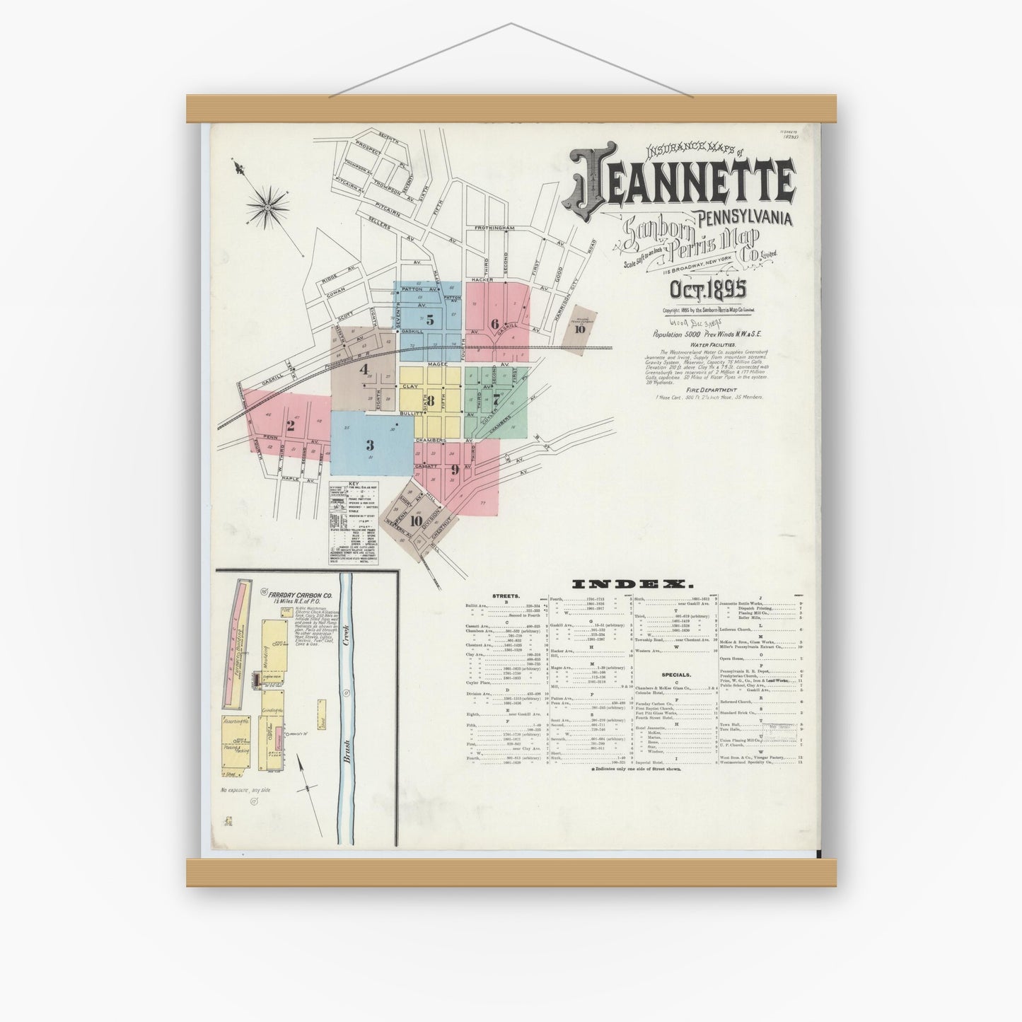 Old map wall art mockup — magnetic wood frame on white wall — Sanborn Fire Insurance Map from Jeannette, Westmoreland County, Pennsylvania (1895) - Complete Map Set