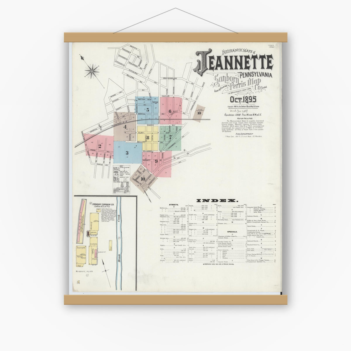 Old map wall art mockup — magnetic wood frame on white wall — Sanborn Fire Insurance Map from Jeannette, Westmoreland County, Pennsylvania (1895) - Complete Map Set