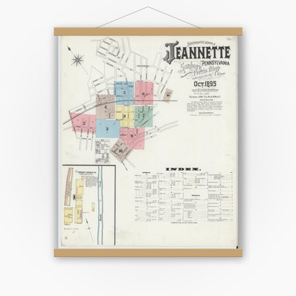 Old map wall art mockup — magnetic wood frame on white wall — Sanborn Fire Insurance Map from Jeannette, Westmoreland County, Pennsylvania (1895) - Complete Map Set