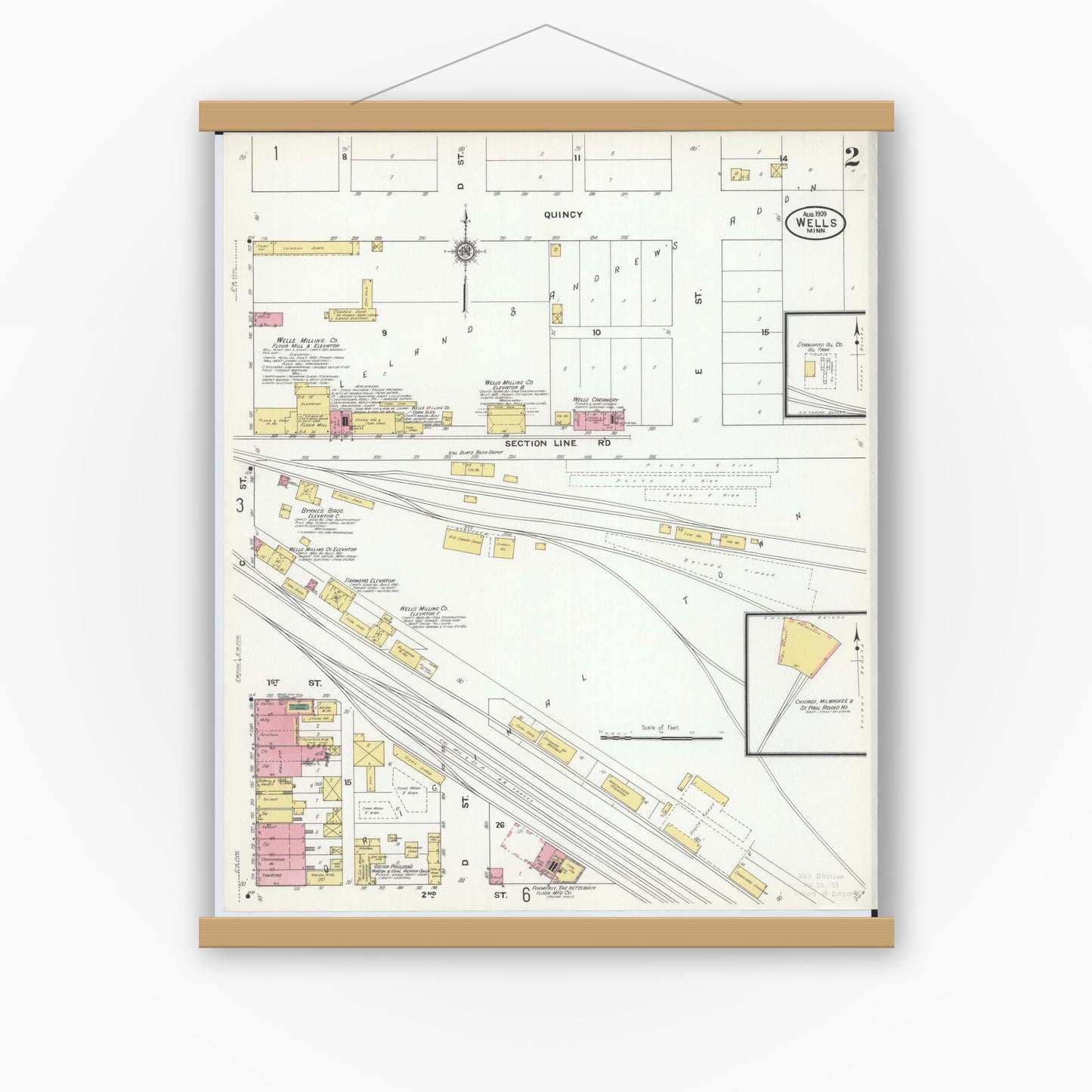 Old map wall art mockup — magnetic wood frame on white wall — Sanborn Fire Insurance Map from Wells, Faribault County, Minnesota (1909), Sheet #0002