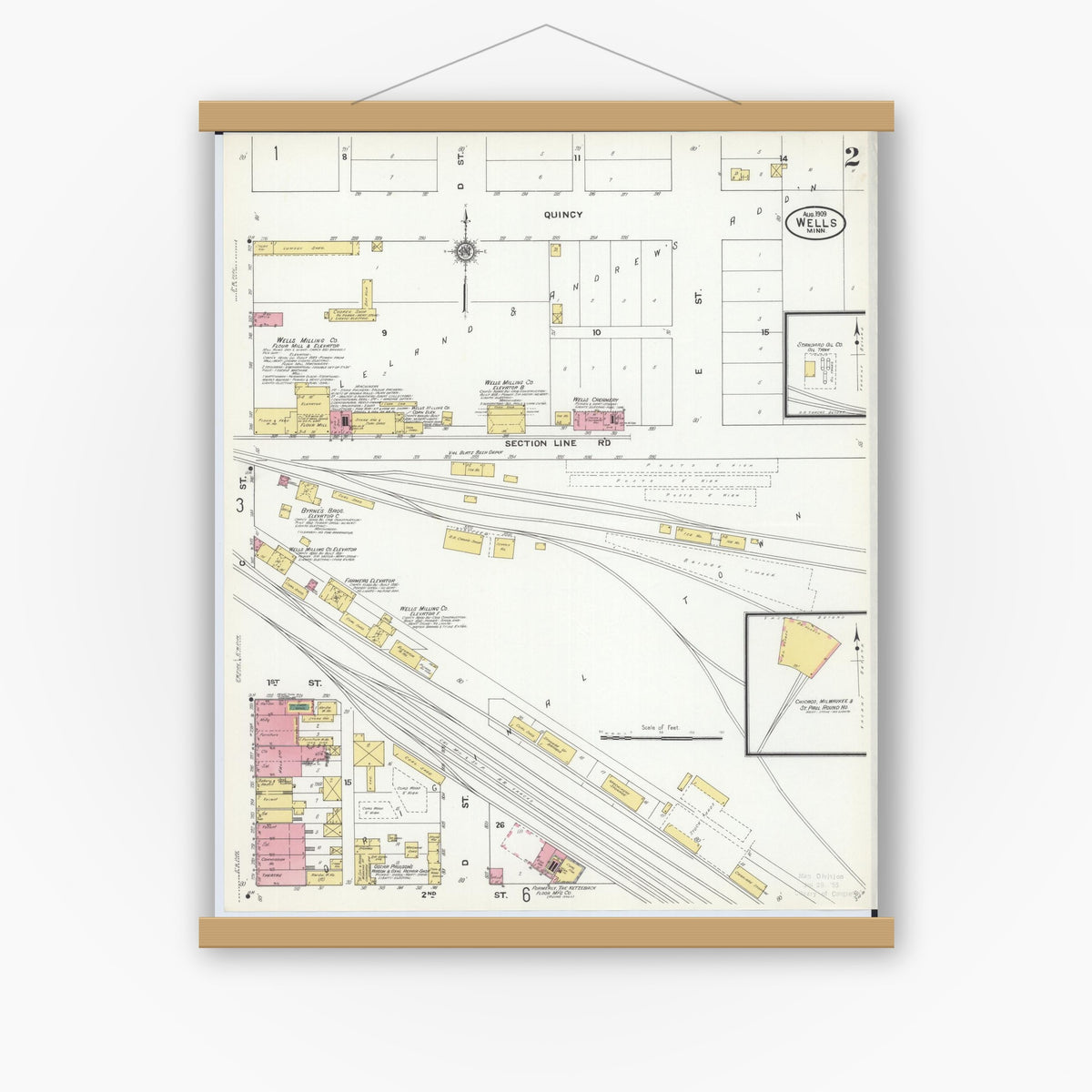 Old map wall art mockup — magnetic wood frame on white wall — Sanborn Fire Insurance Map from Wells, Faribault County, Minnesota (1909), Sheet #0002