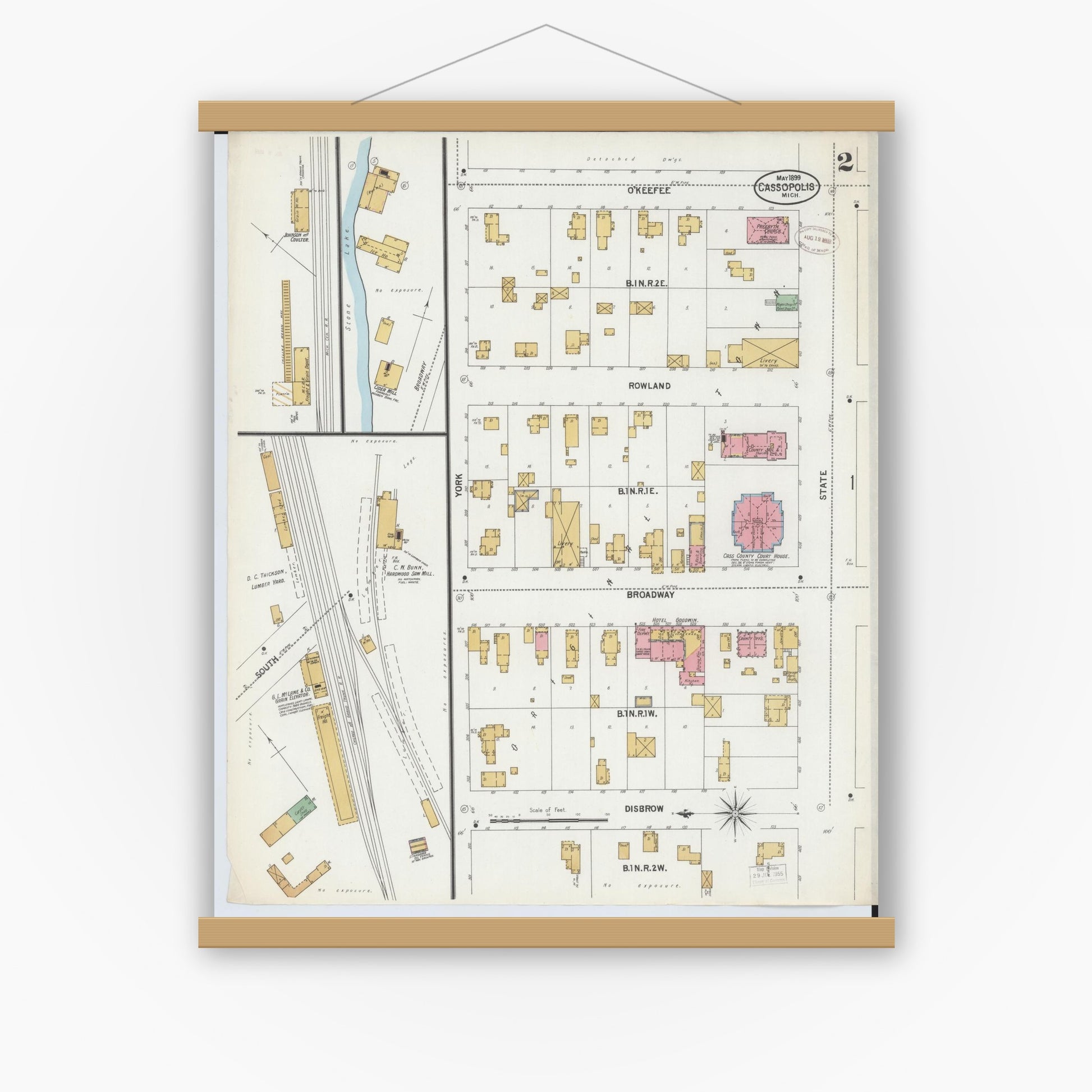 Old map wall art mockup — magnetic wood frame on white wall — Sanborn Fire Insurance Map from Cassopolis, Cass County, Michigan (1899), Sheet #0002