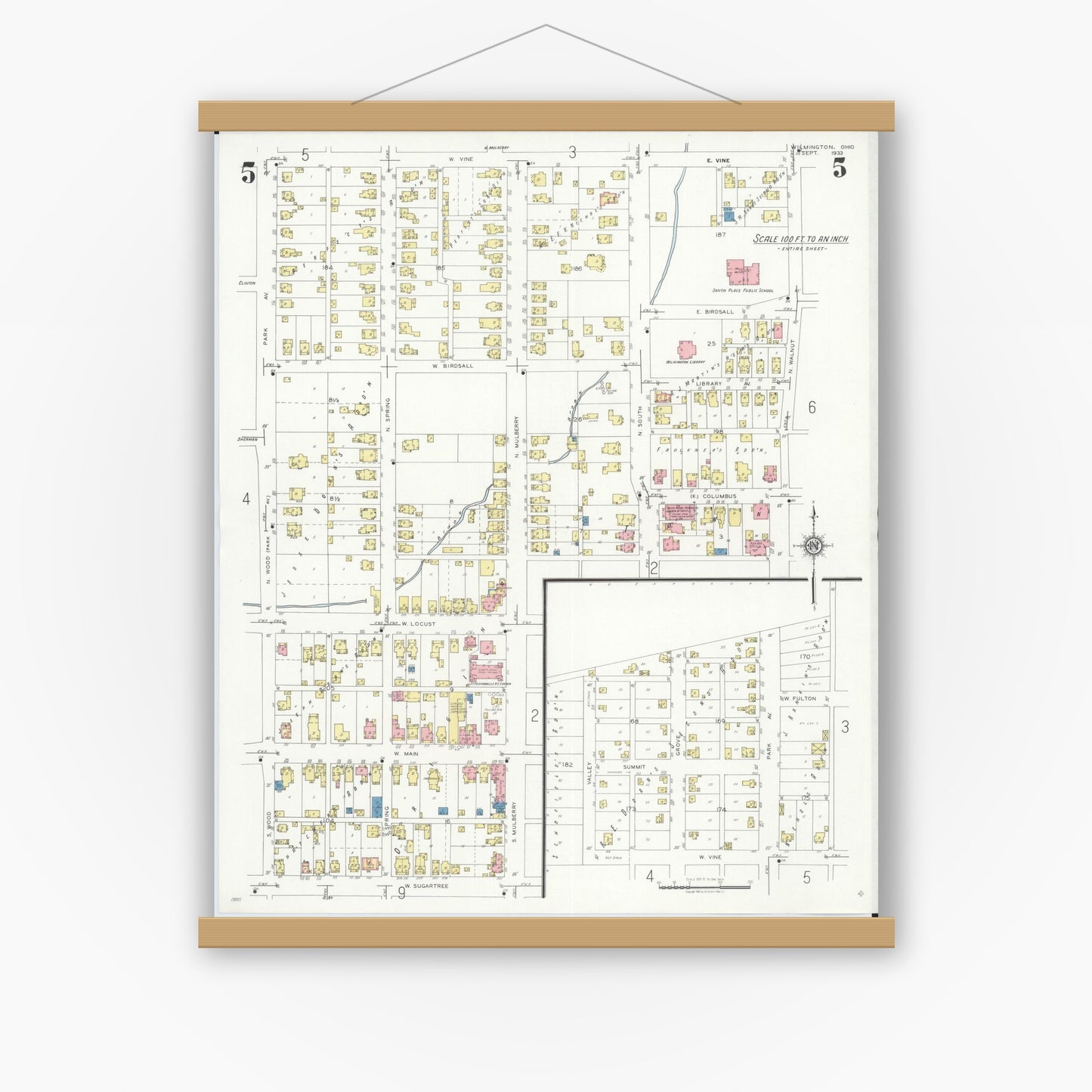 Old map wall art mockup — magnetic wood frame on white wall — Sanborn Fire Insurance Map from Wilmington, Clinton County, Ohio (1933), Sheet #0005