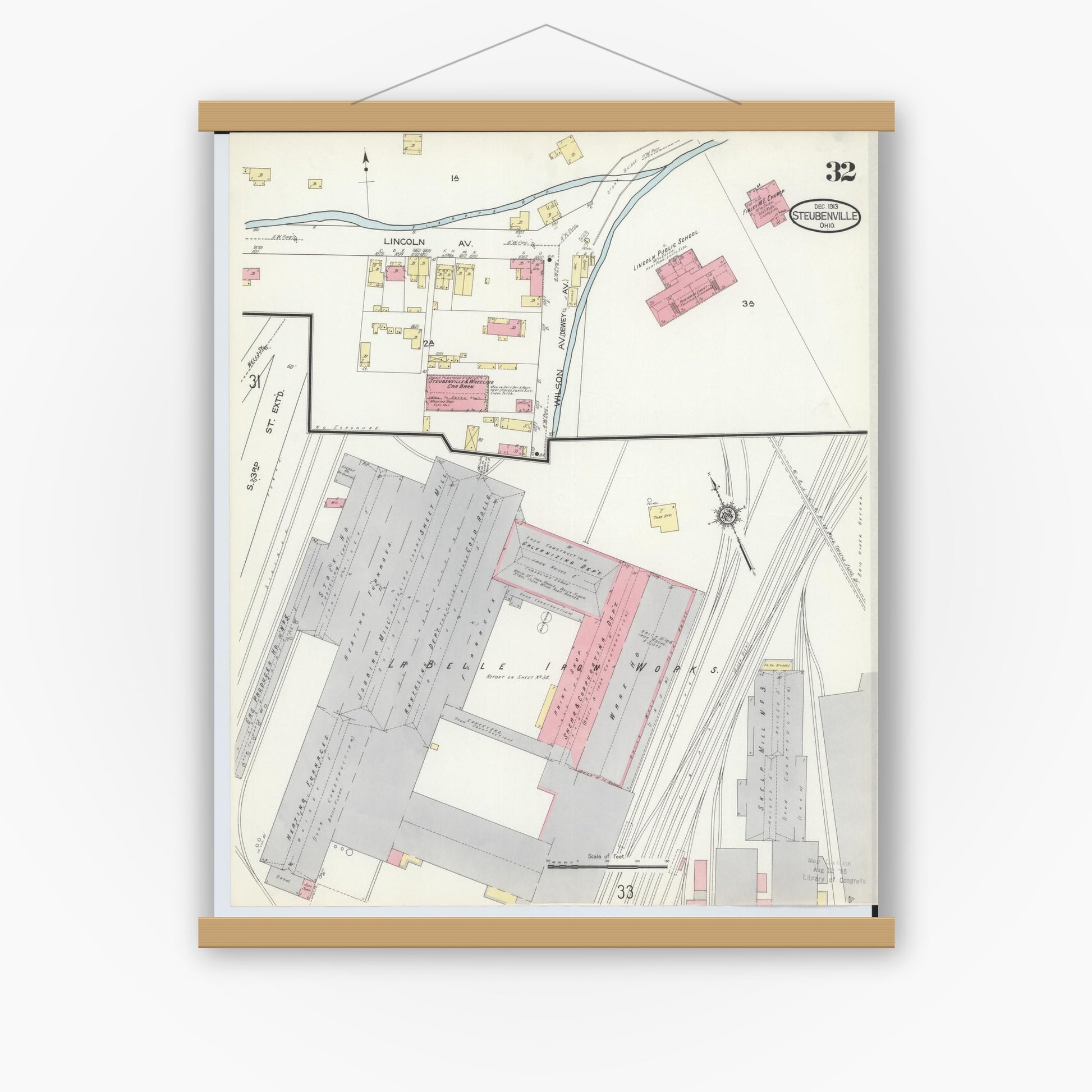 Old map wall art mockup — magnetic wood frame on white wall — Sanborn Fire Insurance Map from Steubenville, Jefferson County, Ohio (1913), Sheet #0032