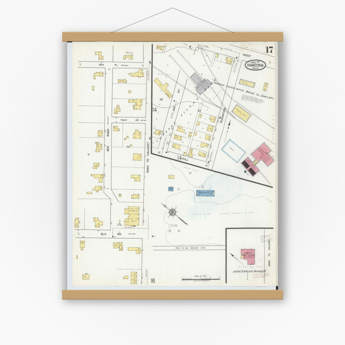 Old map wall art mockup — magnetic wood frame on white wall — Sanborn Fire Insurance Map from Hancock, Houghton County, Michigan (1917), Sheet #0017