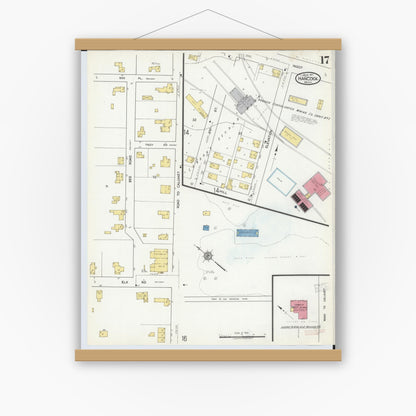 Old map wall art mockup — magnetic wood frame on white wall — Sanborn Fire Insurance Map from Hancock, Houghton County, Michigan (1917), Sheet #0017