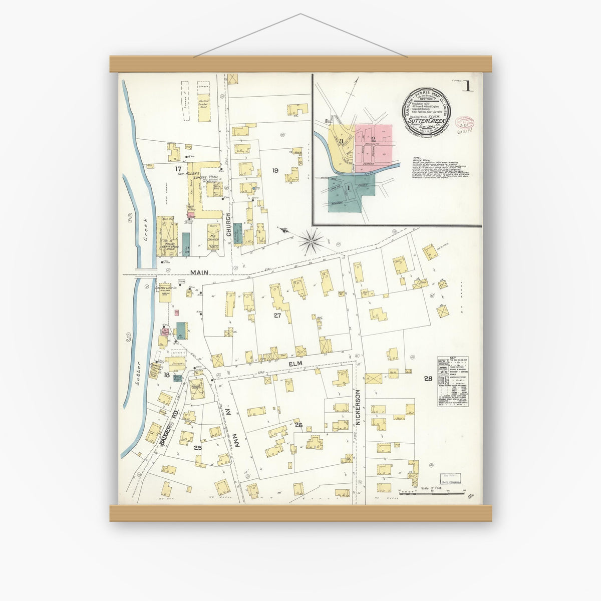 Old map wall art mockup — magnetic wood frame on white wall — Sanborn Fire Insurance Map from Sutter Creek, Amador County, California (1895) - Complete Map Set