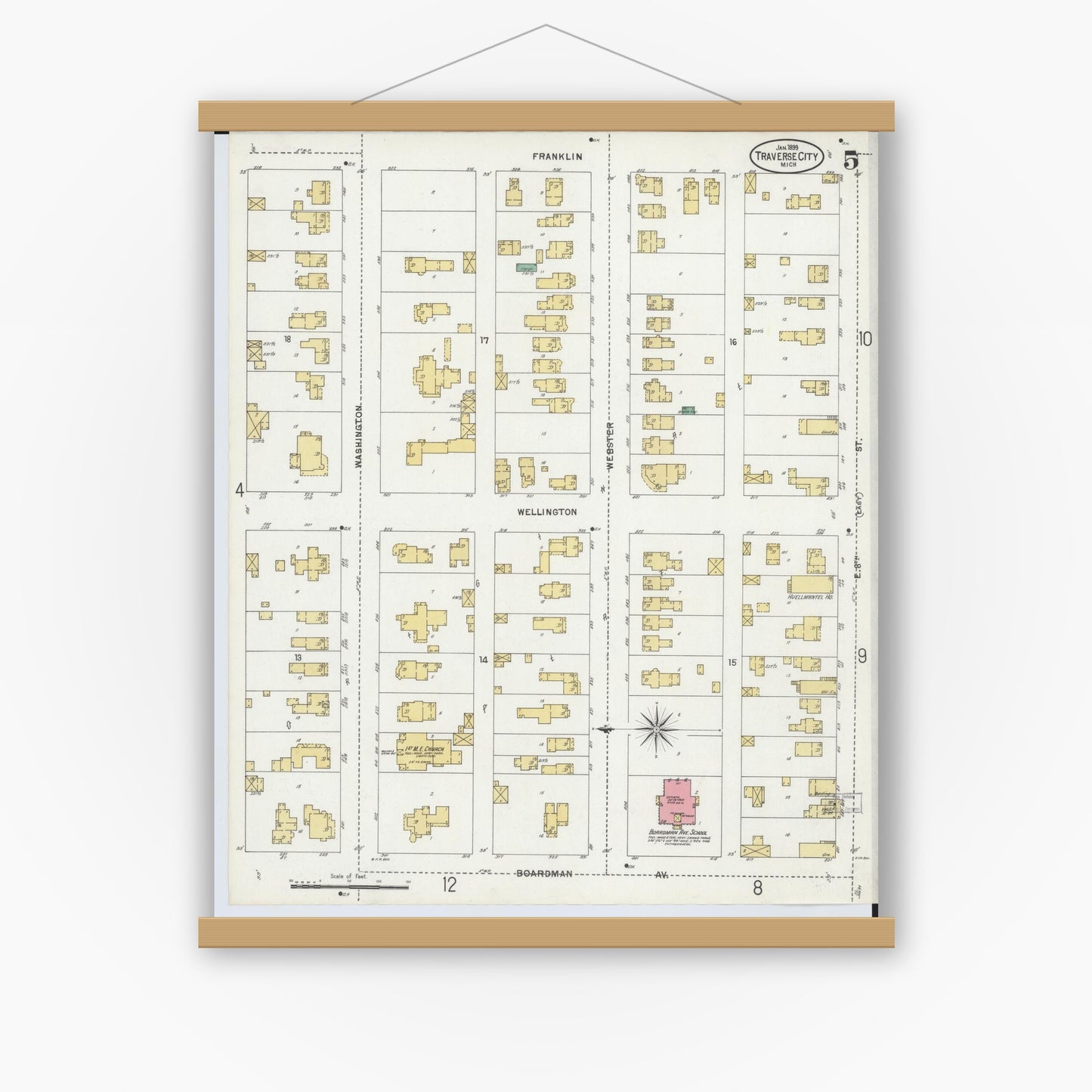 Old map wall art mockup — magnetic wood frame on white wall — Sanborn Fire Insurance Map from Traverse City, Grand Traverse County, Michigan (1899), Sheet #0005