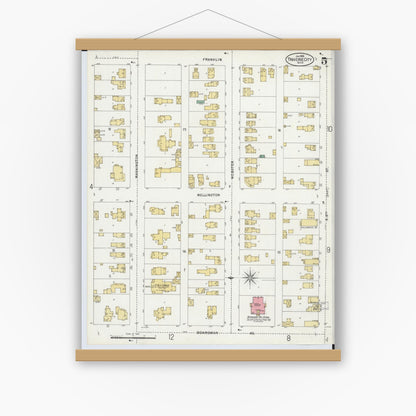 Old map wall art mockup — magnetic wood frame on white wall — Sanborn Fire Insurance Map from Traverse City, Grand Traverse County, Michigan (1899), Sheet #0005