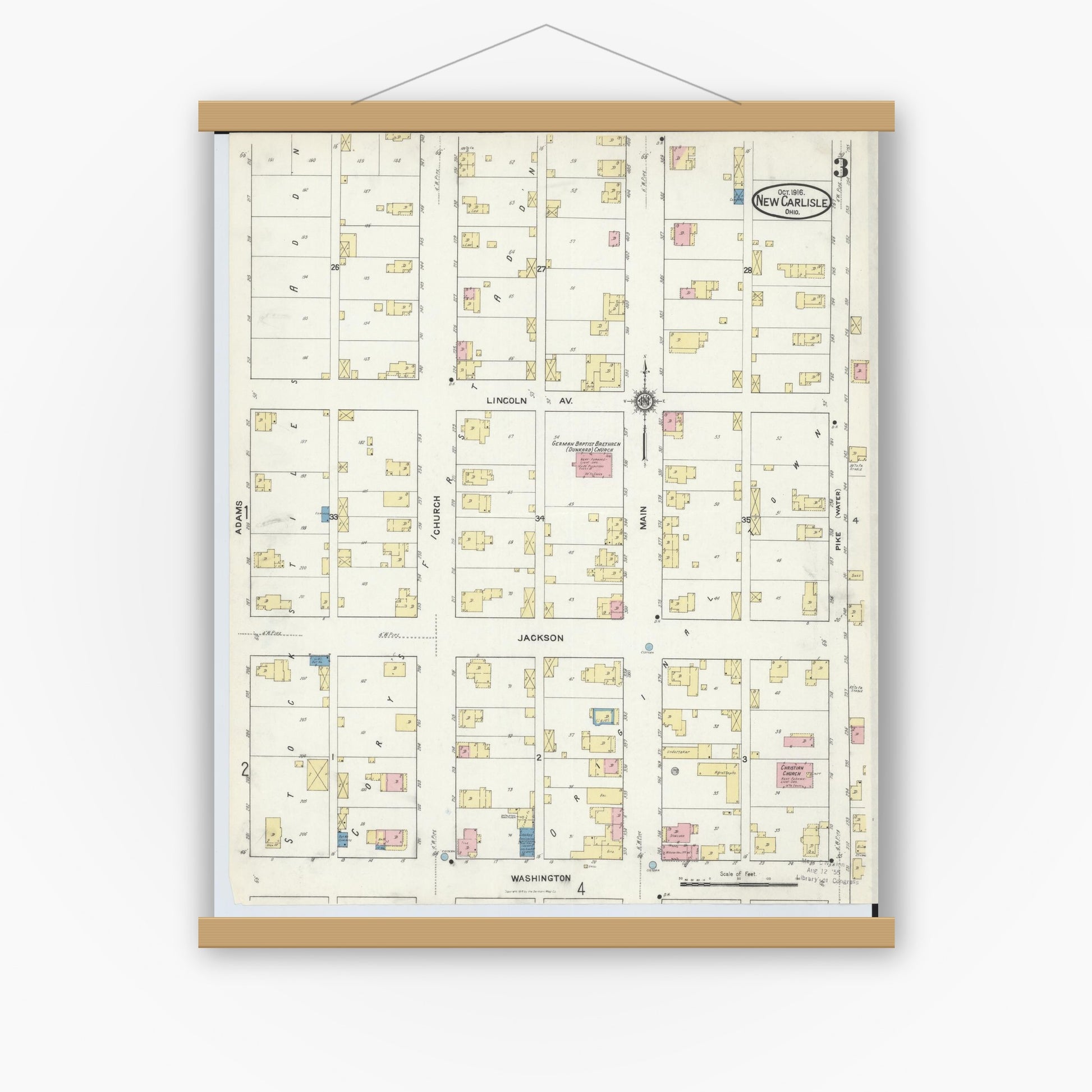 Old map wall art mockup — magnetic wood frame on white wall — Sanborn Fire Insurance Map from New Carlisle, Clarke County, Ohio (1916), Sheet #0003