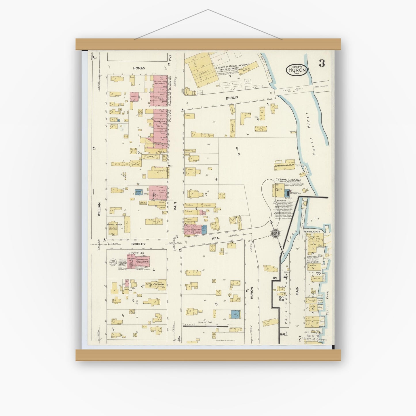 Old map wall art mockup — magnetic wood frame on white wall — Sanborn Fire Insurance Map from Huron, Erie County, Ohio (1916), Sheet #0003