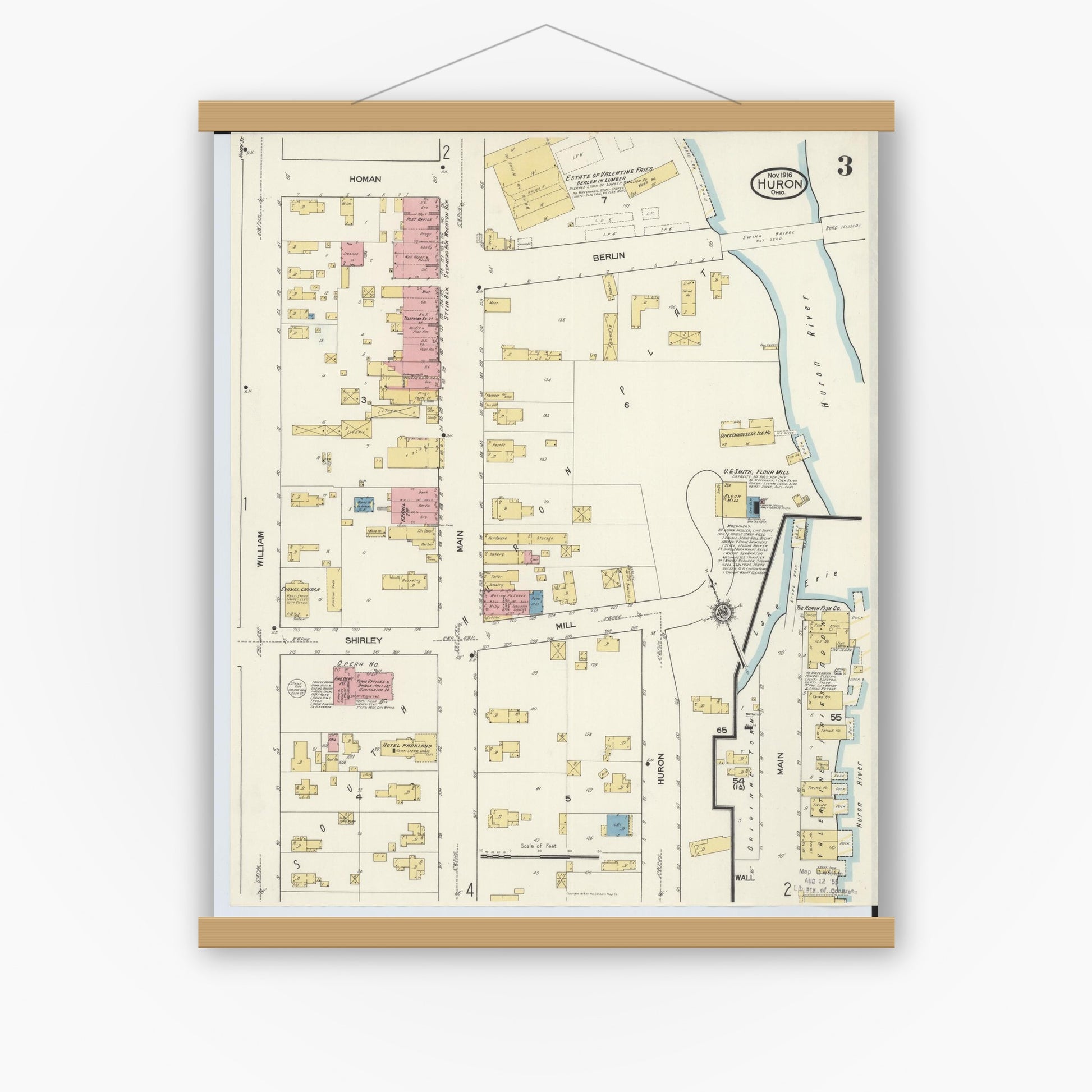 Old map wall art mockup — magnetic wood frame on white wall — Sanborn Fire Insurance Map from Huron, Erie County, Ohio (1916), Sheet #0003