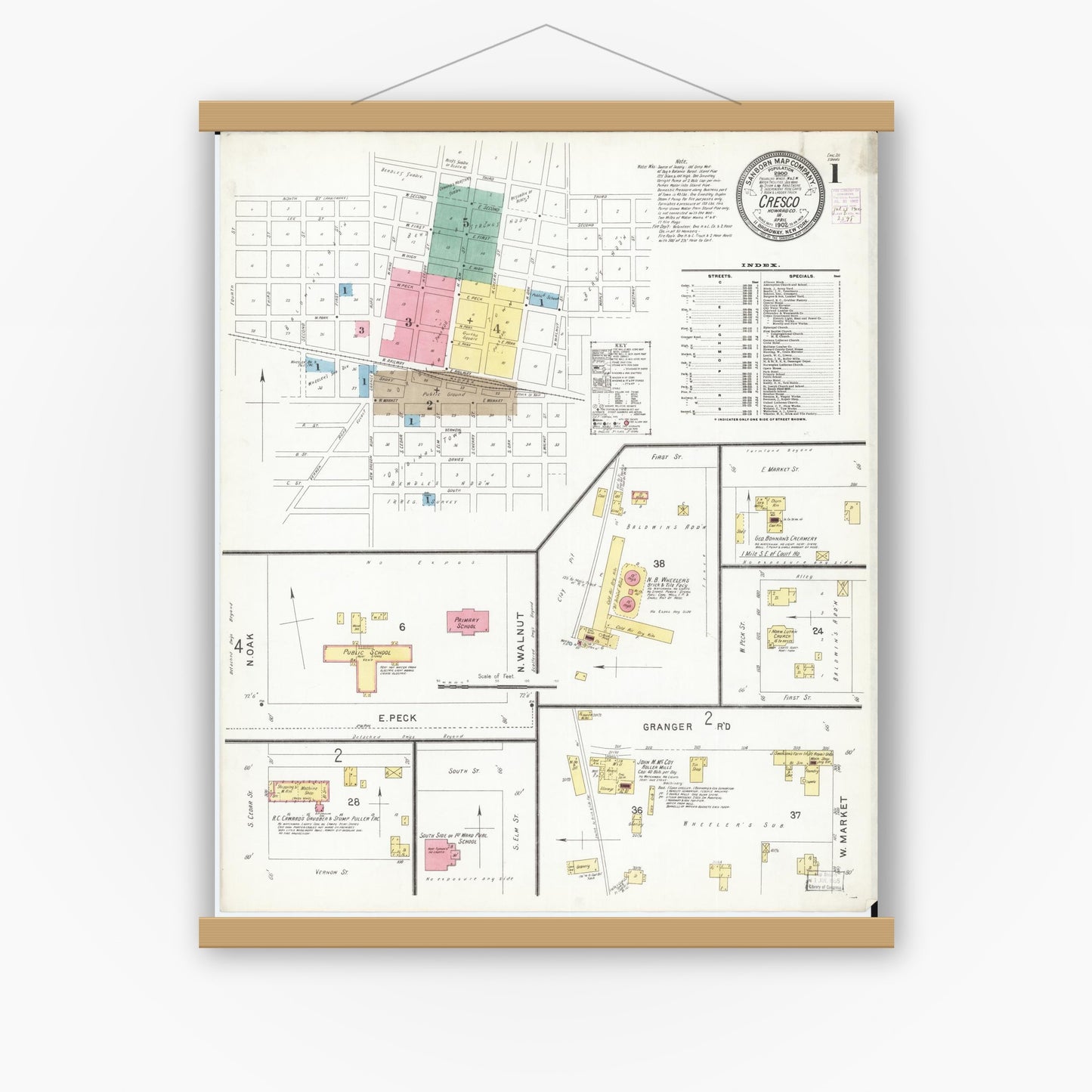 Old map wall art mockup — magnetic wood frame on white wall — Sanborn Fire Insurance Map from Cresco, Howard County, Iowa (1902) â€” Complete Set