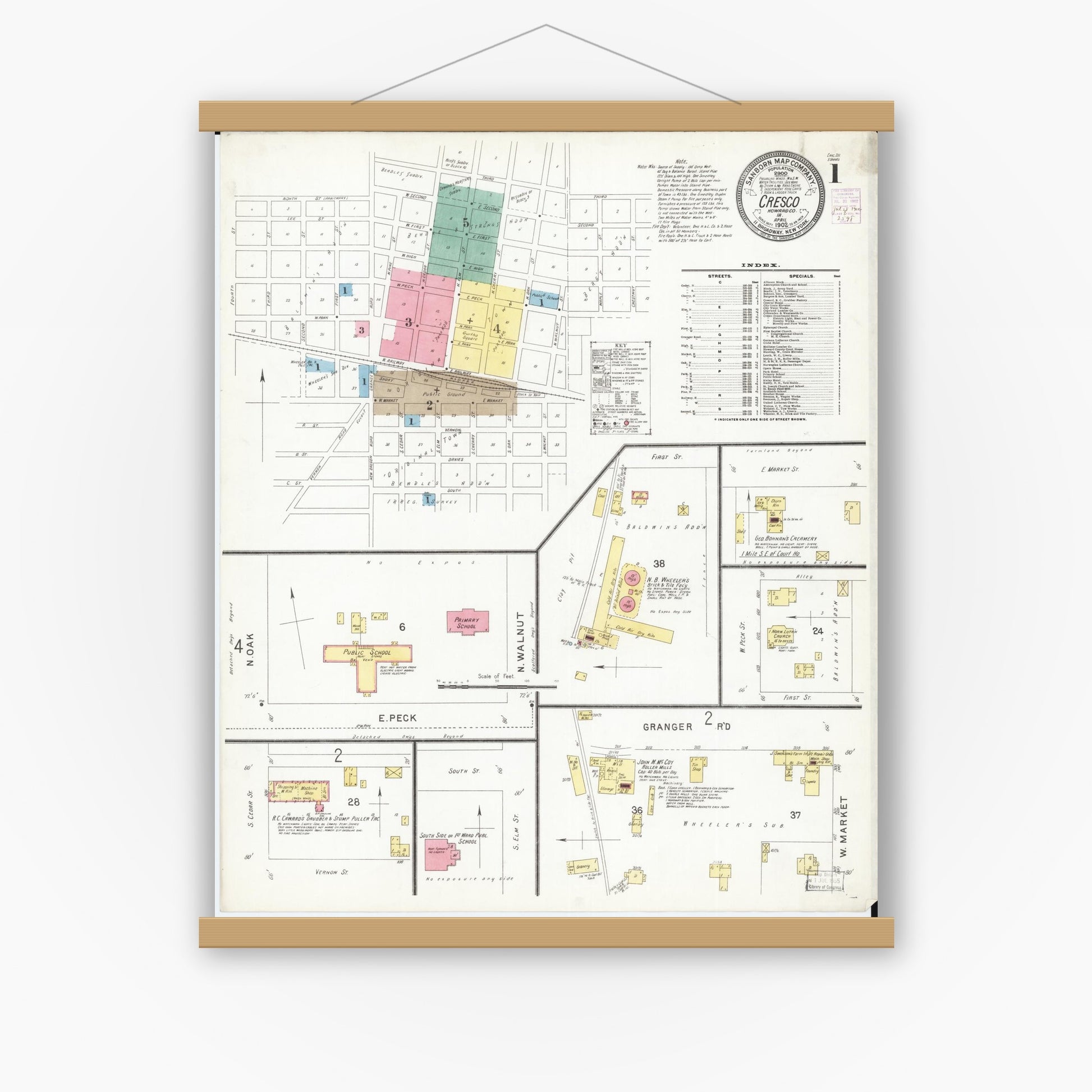 Old map wall art mockup — magnetic wood frame on white wall — Sanborn Fire Insurance Map from Cresco, Howard County, Iowa (1902) â€” Complete Set