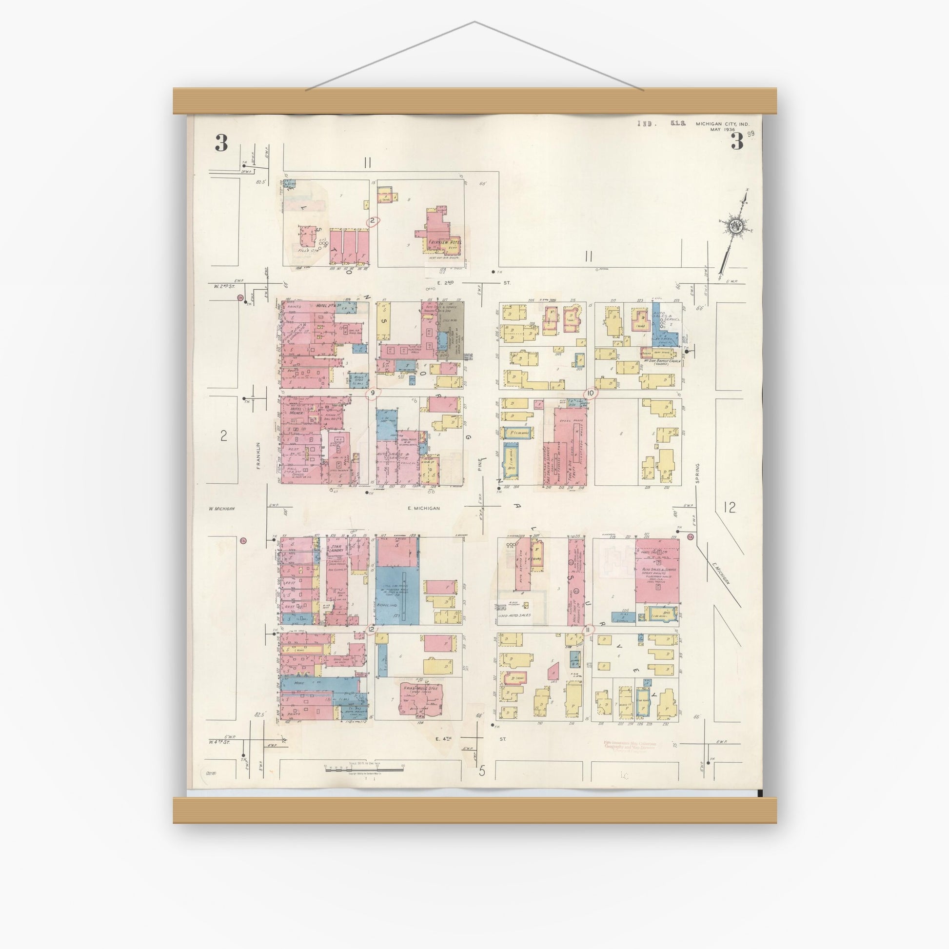 Old map wall art mockup — magnetic wood frame on white wall — Sanborn Fire Insurance Map from Michigan City, La Porte County, Indiana (1948), Sheet #0003