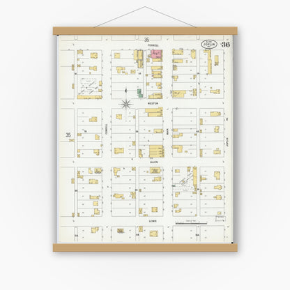 Old map wall art mockup — magnetic wood frame on white wall — Sanborn Fire Insurance Map from Joplin, Jasper County, Missouri (1900), Sheet #0036