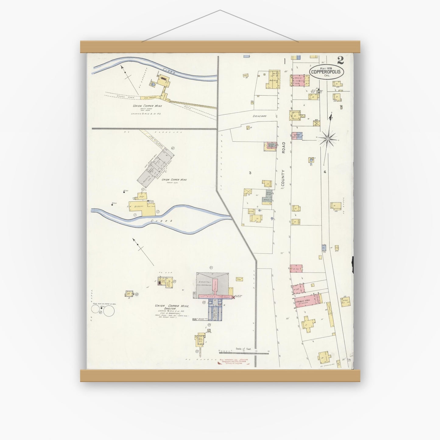 Old map wall art mockup — magnetic wood frame on white wall — Sanborn Fire Insurance Map from Copperopolis, Calaveras County, California (1908), Sheet #0002