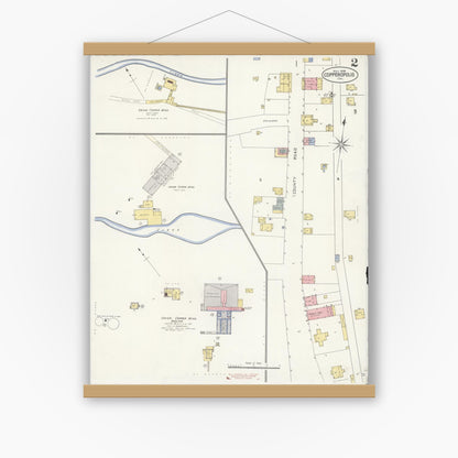 Old map wall art mockup — magnetic wood frame on white wall — Sanborn Fire Insurance Map from Copperopolis, Calaveras County, California (1908), Sheet #0002