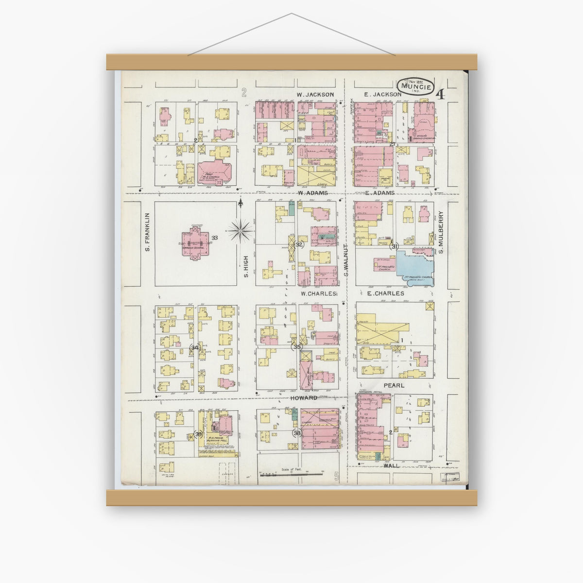 Old map wall art mockup — magnetic wood frame on white wall — Sanborn Fire Insurance Map from Muncie, Delaware County, Indiana (1892), Sheet #0004
