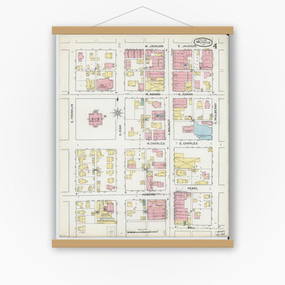 Old map wall art mockup — magnetic wood frame on white wall — Sanborn Fire Insurance Map from Muncie, Delaware County, Indiana (1892), Sheet #0004