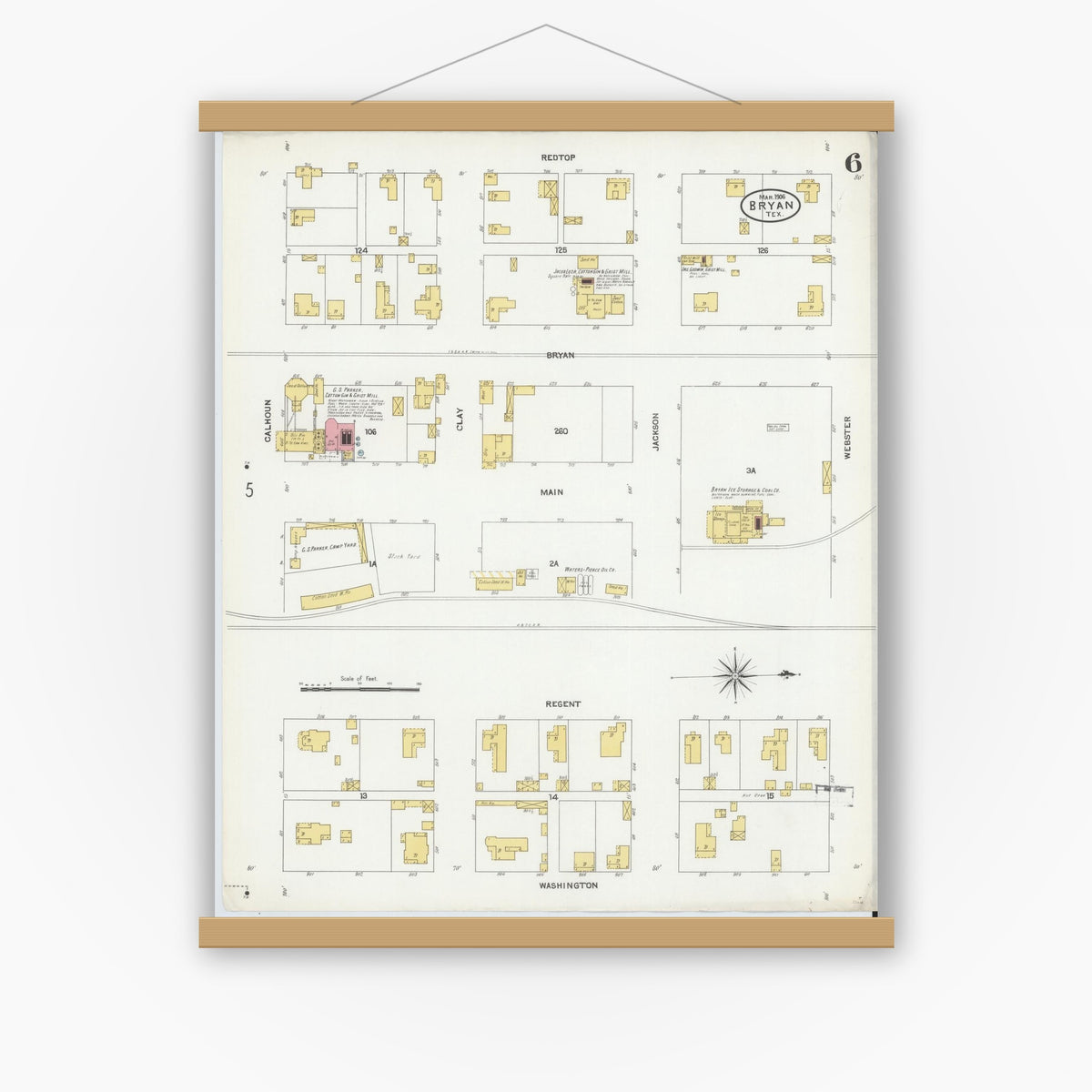 Old map wall art mockup — magnetic wood frame on white wall — Sanborn Fire Insurance Map from Bryan, Brazos County, Texas (1906), Sheet #0006