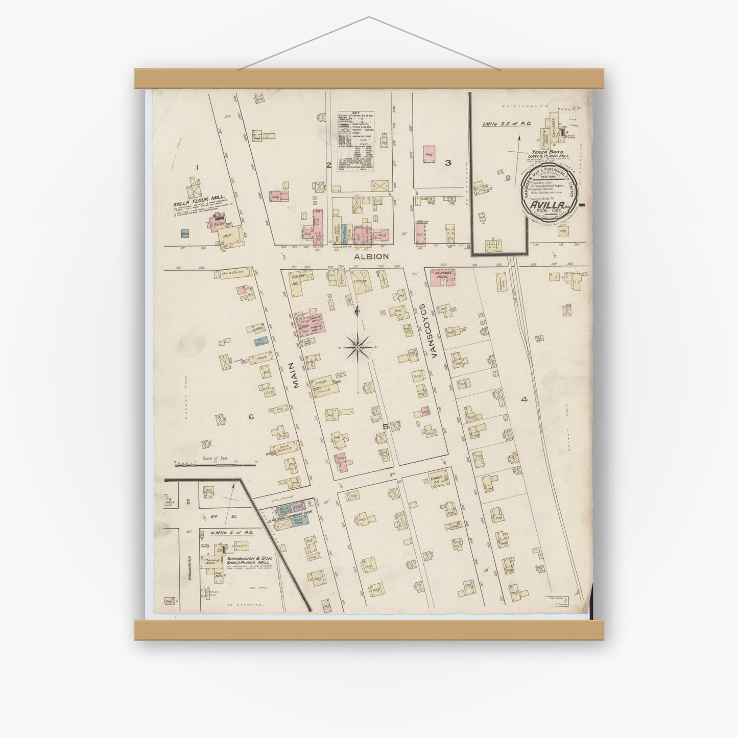 Old map wall art mockup — magnetic wood frame on white wall — Sanborn Fire Insurance Map from Avilla, Noble County, Indiana (1886), Sheet #0001