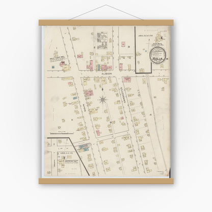 Old map wall art mockup — magnetic wood frame on white wall — Sanborn Fire Insurance Map from Avilla, Noble County, Indiana (1886), Sheet #0001