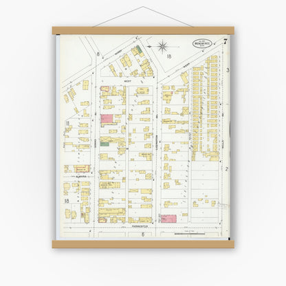 Old map wall art mockup — magnetic wood frame on white wall — Sanborn Fire Insurance Map from Menominee, Menominee County, Michigan (1901), Sheet #0007
