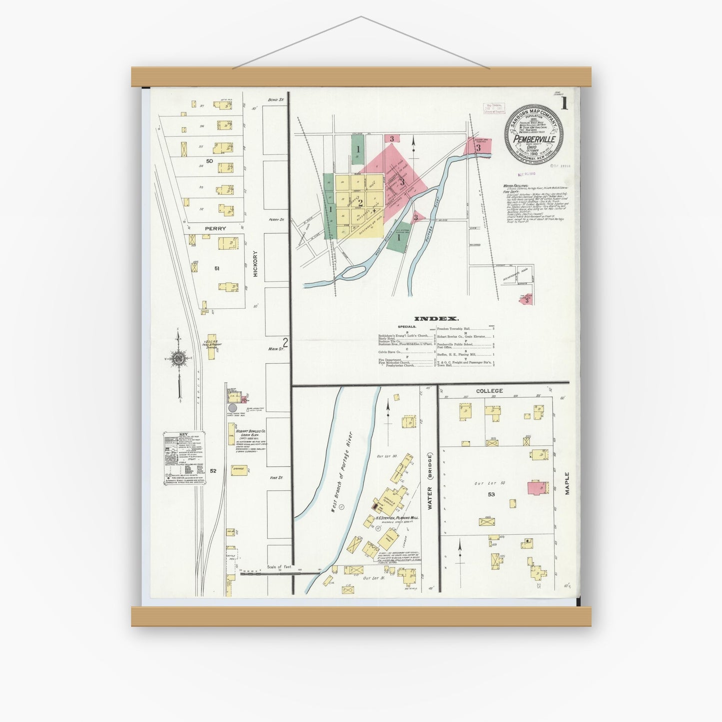 Old map wall art mockup — magnetic wood frame on white wall — Sanborn Fire Insurance Map from Pemberville, Wood County, Ohio (1910) - Complete Map Set