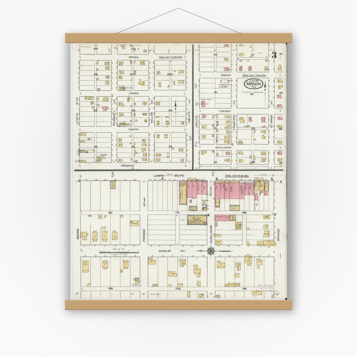 Old map wall art mockup — magnetic wood frame on white wall — Sanborn Fire Insurance Map from Mission, Hidalgo County, Texas (1919), Sheet #0003